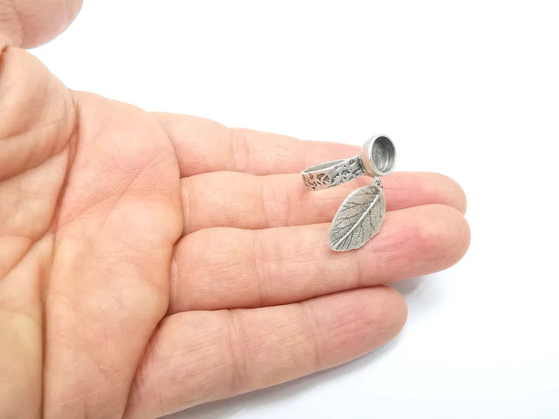 Leaf Ring Setting, Cabochon Blank, Resin Bezel, Round Ring Mounting, Epoxy Frame Base, Adjustable Antique Silver Plated Brass 8mm G35272