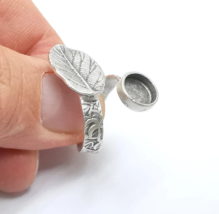 Leaf Ring Setting, Cabochon Blank, Resin Bezel, Round Ring Mounting, Epoxy Frame Base, Adjustable Antique Silver Plated Brass 8mm G35272