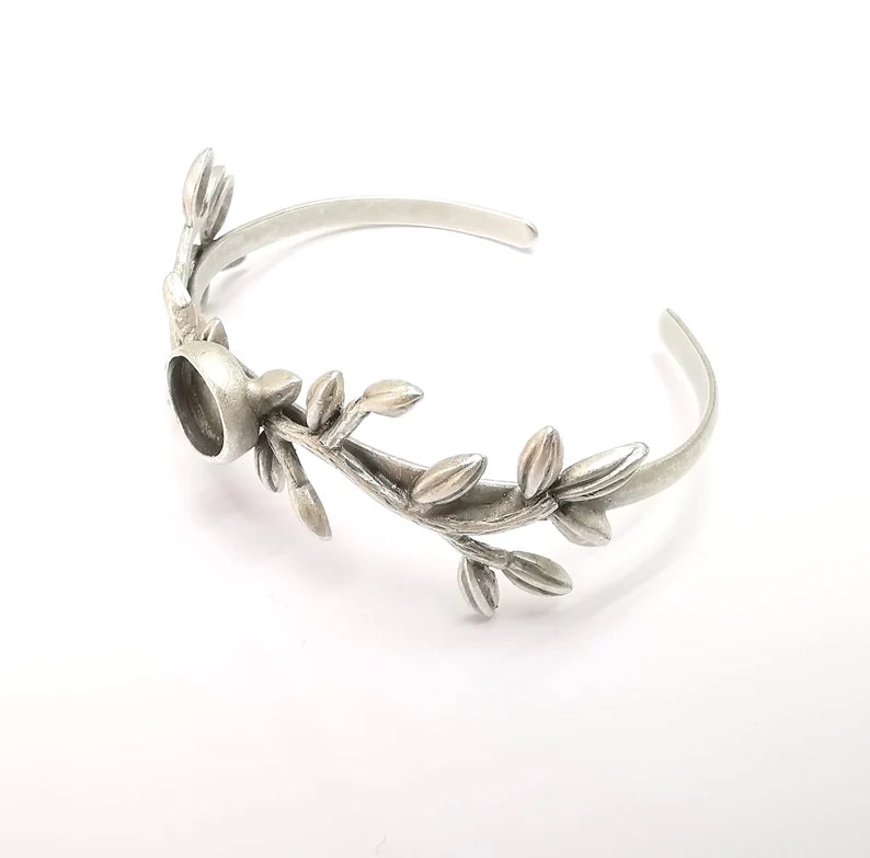 Leaf Bracelet, Leaf Branch Cuff, Ivy Bangle Bezel, Resin Blank, Wristband Cabochon Base, Adjustable Antique Silver Brass (10mm) G35273