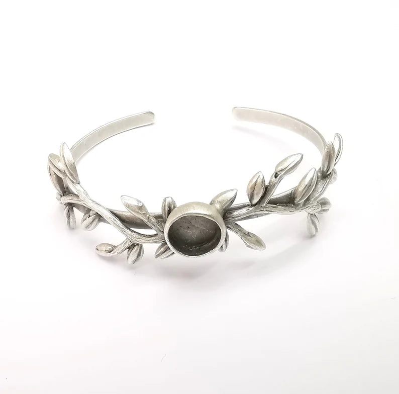 Leaf Bracelet, Leaf Branch Cuff, Ivy Bangle Bezel, Resin Blank, Wristband Cabochon Base, Adjustable Antique Silver Brass (10mm) G35273