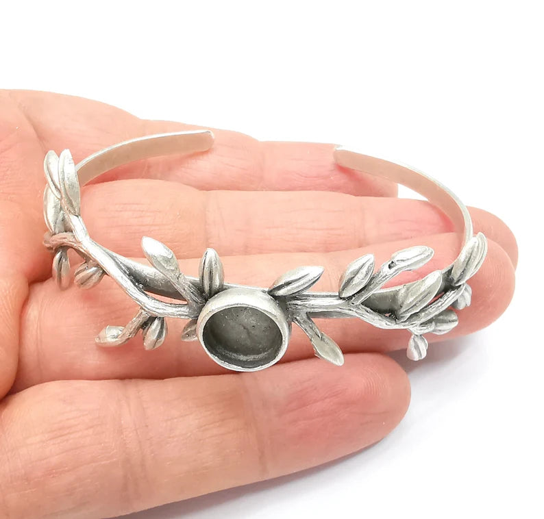 Leaf Bracelet, Leaf Branch Cuff, Ivy Bangle Bezel, Resin Blank, Wristband Cabochon Base, Adjustable Antique Silver Brass (10mm) G35273