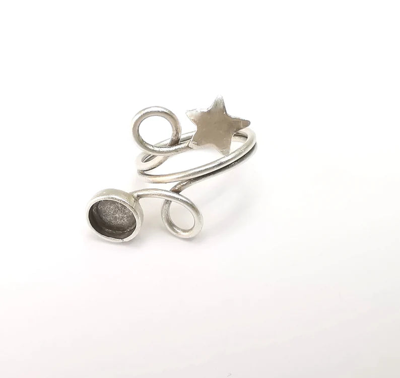 Star Wrap Ring Setting, Cabochon Blank, Resin Bezel, Wire Ring Mounting, Epoxy Frame Base, Adjustable Antique Silver Plated Brass 8mm G35274
