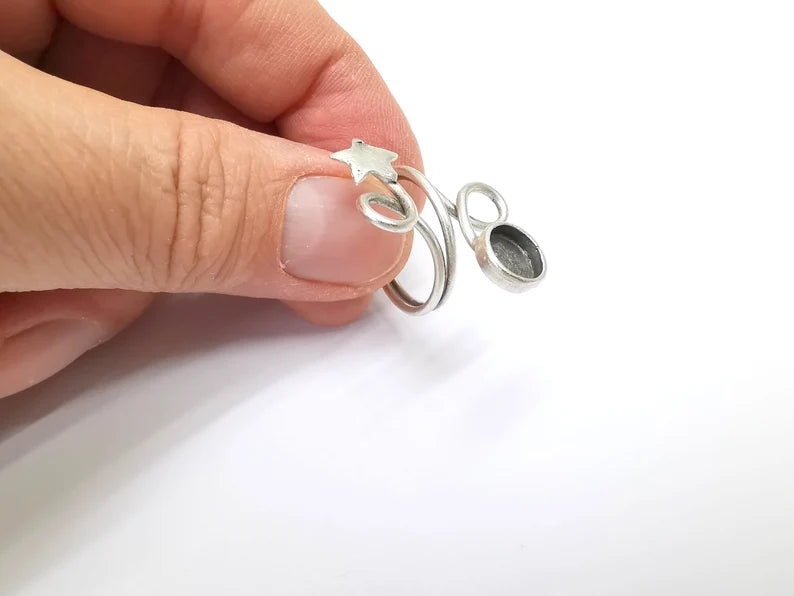 Star Wrap Ring Setting, Cabochon Blank, Resin Bezel, Wire Ring Mounting, Epoxy Frame Base, Adjustable Antique Silver Plated Brass 8mm G35274