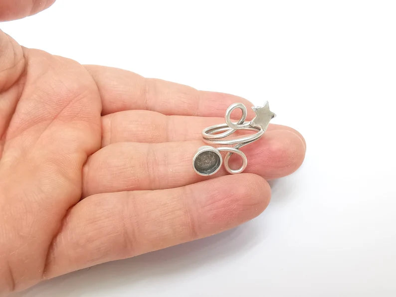 Star Wrap Ring Setting, Cabochon Blank, Resin Bezel, Wire Ring Mounting, Epoxy Frame Base, Adjustable Antique Silver Plated Brass 8mm G35274