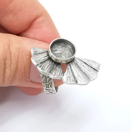 Leaf Ring Setting, Cabochon Blank, Resin Bezel, Round Ring Mounting, Epoxy Frame Base, Adjustable Antique Silver Plated Brass 10mm G35276