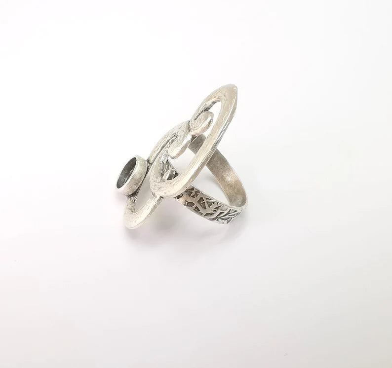 Silver Ring Setting, Cabochon Blank, Resin Bezel, Round Ring Mounting, Epoxy Frame Base, Adjustable Antique Silver Plated Brass 8mm G35277