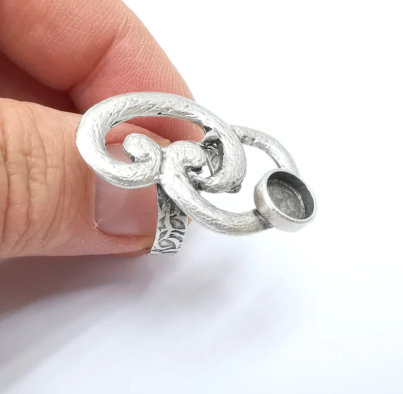 Silver Ring Setting, Cabochon Blank, Resin Bezel, Round Ring Mounting, Epoxy Frame Base, Adjustable Antique Silver Plated Brass 8mm G35277