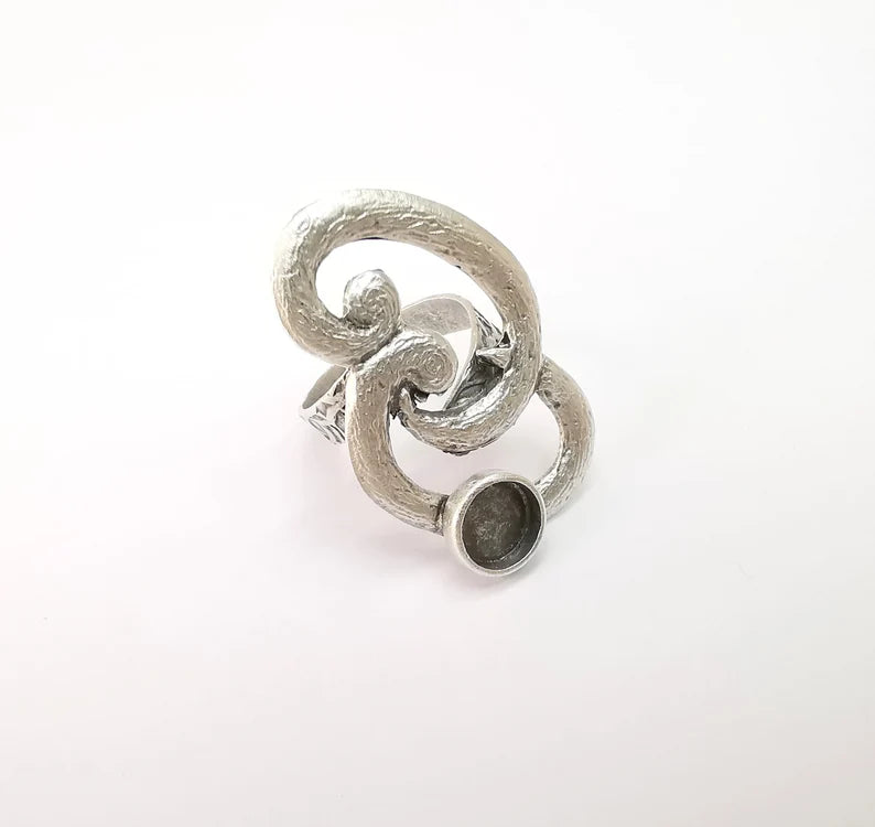 Silver Ring Setting, Cabochon Blank, Resin Bezel, Round Ring Mounting, Epoxy Frame Base, Adjustable Antique Silver Plated Brass 8mm G35277