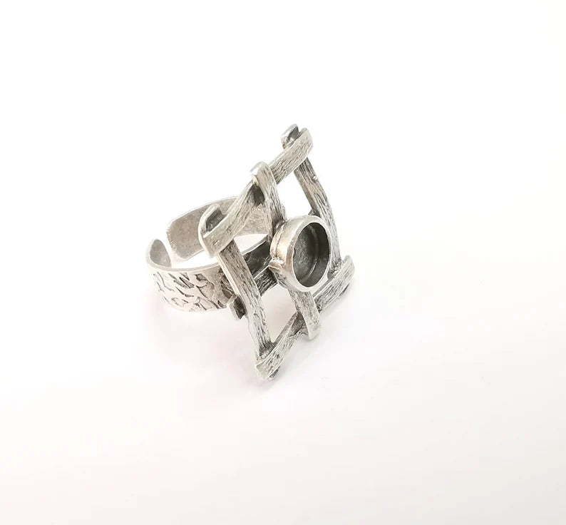 Silver Ring Setting, Cabochon Blank, Resin Bezel, Round Ring Mounting, Epoxy Frame Base, Adjustable Antique Silver Plated Brass 8mm G35278