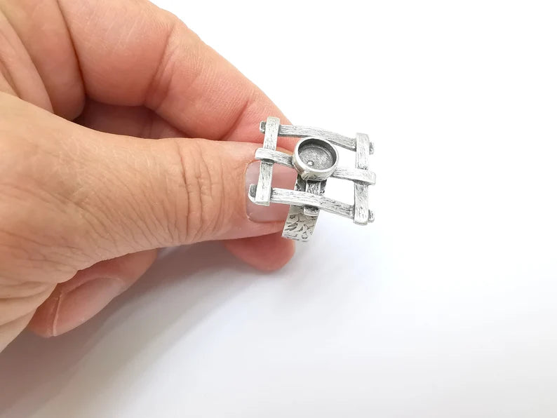 Silver Ring Setting, Cabochon Blank, Resin Bezel, Round Ring Mounting, Epoxy Frame Base, Adjustable Antique Silver Plated Brass 8mm G35278