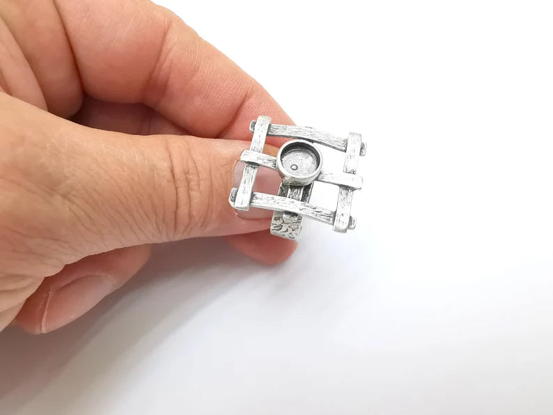 Silver Ring Setting, Cabochon Blank, Resin Bezel, Round Ring Mounting, Epoxy Frame Base, Adjustable Antique Silver Plated Brass 8mm G35278