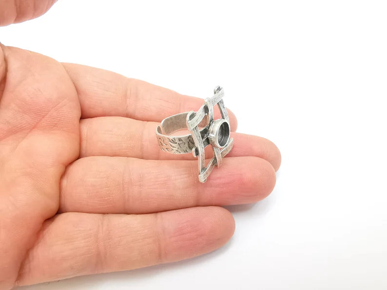 Silver Ring Setting, Cabochon Blank, Resin Bezel, Round Ring Mounting, Epoxy Frame Base, Adjustable Antique Silver Plated Brass 8mm G35278