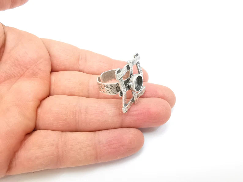 Silver Ring Setting, Cabochon Blank, Resin Bezel, Round Ring Mounting, Epoxy Frame Base, Adjustable Antique Silver Plated Brass 8mm G35278