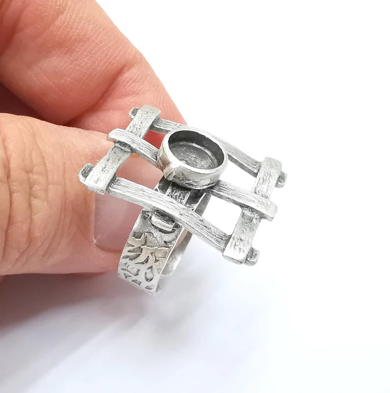 Silver Ring Setting, Cabochon Blank, Resin Bezel, Round Ring Mounting, Epoxy Frame Base, Adjustable Antique Silver Plated Brass 8mm G35278