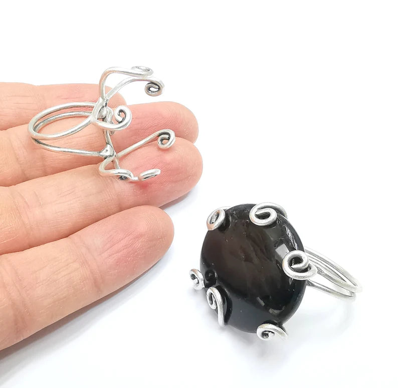 Silver Claw Ring Setting, Cabochon Blank, Resin Bezel, Oval Mounting, Claw Frame Base, Adjustable Antique Silver Plated Brass 30mm G35279