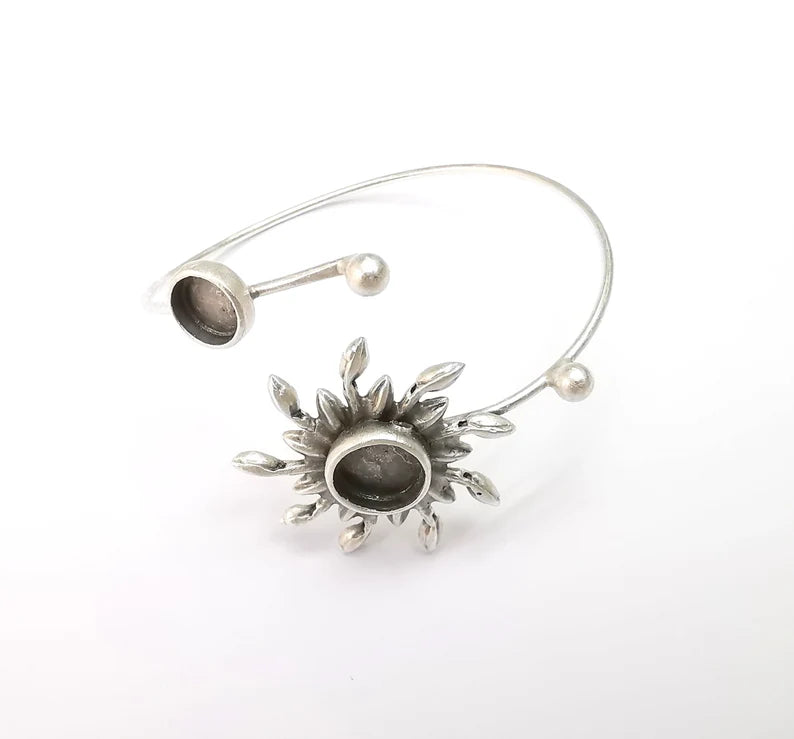 Sun Bracelet, Sun Flower Cuff, Ivy Bangle Bezel, Resin Blank, Wristband Cabochon Base, Adjustable Antique Silver Brass (10mm, 8mm) G35284