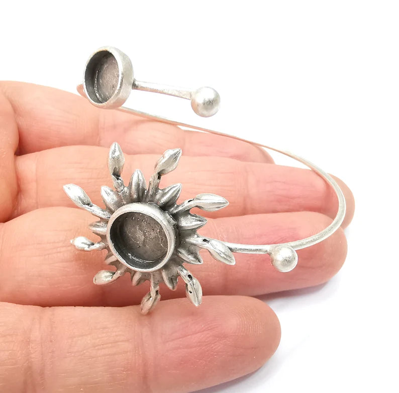 Sun Bracelet, Sun Flower Cuff, Ivy Bangle Bezel, Resin Blank, Wristband Cabochon Base, Adjustable Antique Silver Brass (10mm, 8mm) G35284