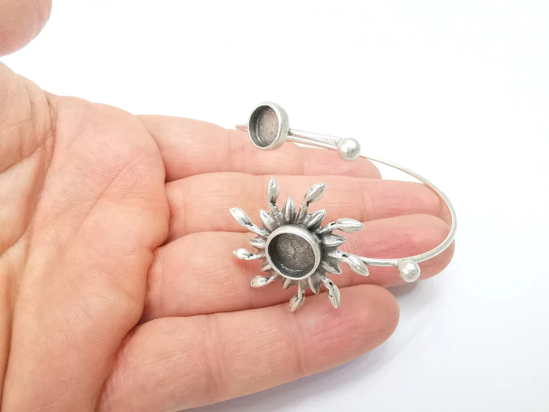 Sun Bracelet, Sun Flower Cuff, Ivy Bangle Bezel, Resin Blank, Wristband Cabochon Base, Adjustable Antique Silver Brass (10mm, 8mm) G35284