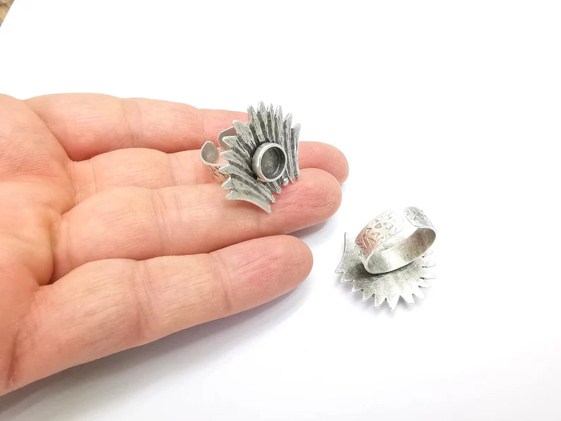 Leaf Ring Setting, Cabochon Blank, Resin Bezel, Round Ring Mounting, Epoxy Frame Base, Adjustable Antique Silver Plated Brass 8mm G35287