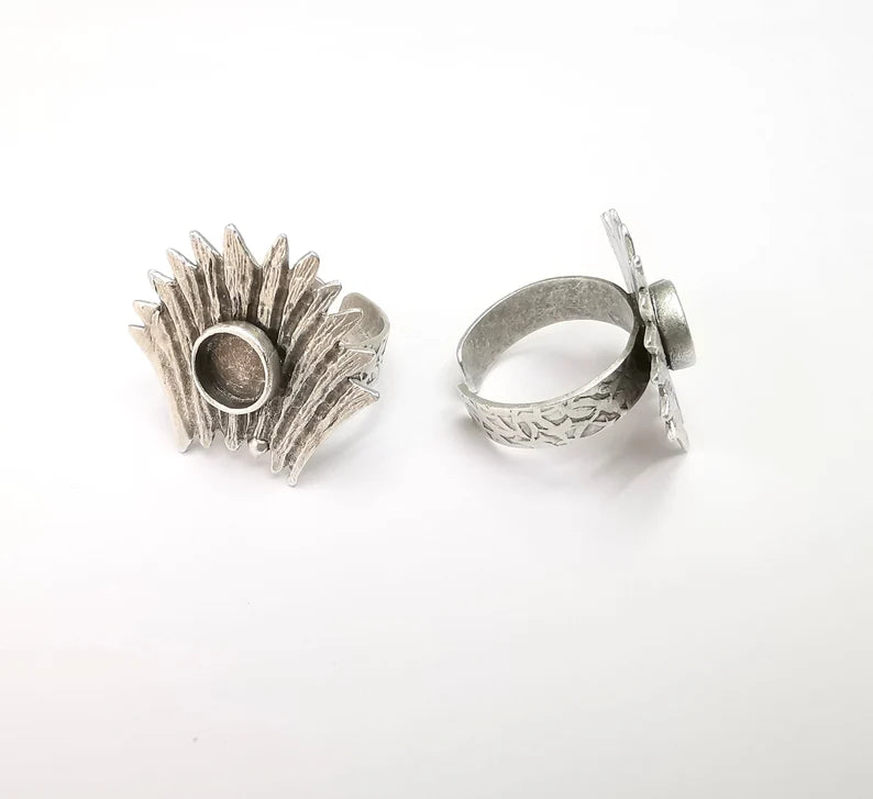 Leaf Ring Setting, Cabochon Blank, Resin Bezel, Round Ring Mounting, Epoxy Frame Base, Adjustable Antique Silver Plated Brass 8mm G35287