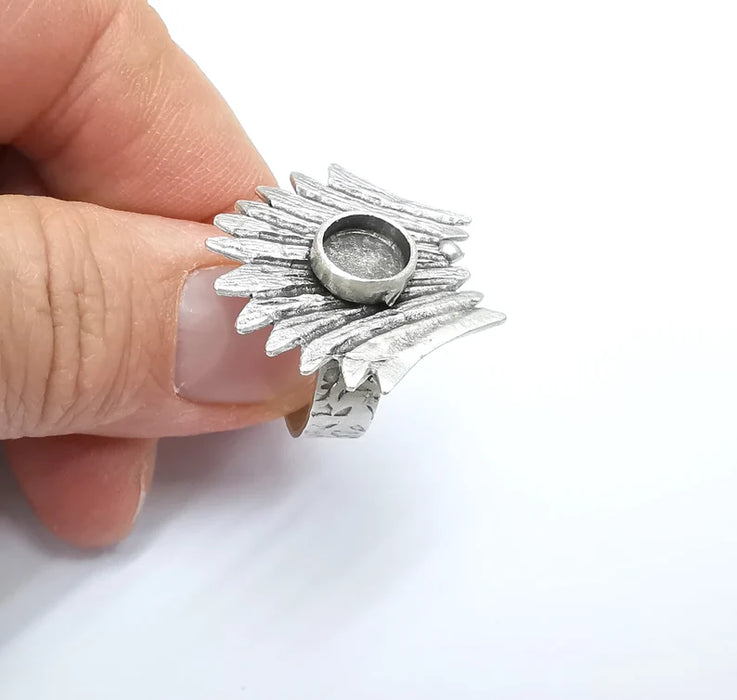 Leaf Ring Setting, Cabochon Blank, Resin Bezel, Round Ring Mounting, Epoxy Frame Base, Adjustable Antique Silver Plated Brass 8mm G35287