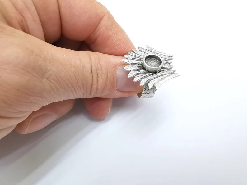 Leaf Ring Setting, Cabochon Blank, Resin Bezel, Round Ring Mounting, Epoxy Frame Base, Adjustable Antique Silver Plated Brass 8mm G35287