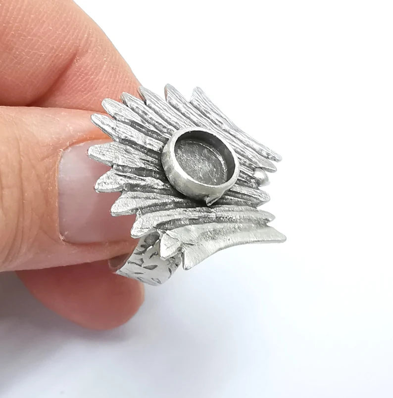 Leaf Ring Setting, Cabochon Blank, Resin Bezel, Round Ring Mounting, Epoxy Frame Base, Adjustable Antique Silver Plated Brass 8mm G35287