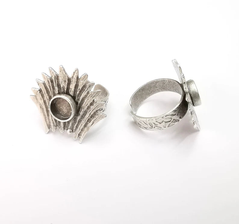 Leaf Ring Setting, Cabochon Blank, Resin Bezel, Round Ring Mounting, Epoxy Frame Base, Adjustable Antique Silver Plated Brass 8mm G35287