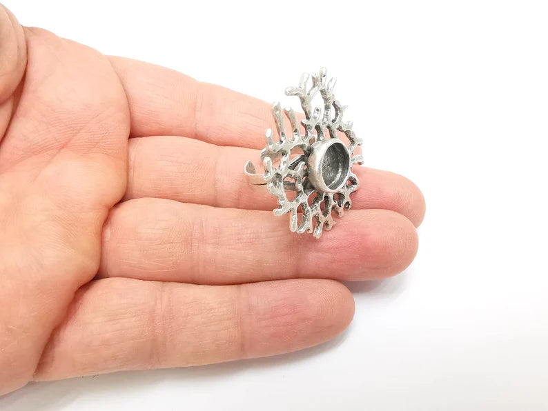 Coral Ring Setting, Cabochon Blank, Resin Bezel, Round Ring Mounting, Epoxy Frame Base, Adjustable Antique Silver Plated Brass 10mm G35288