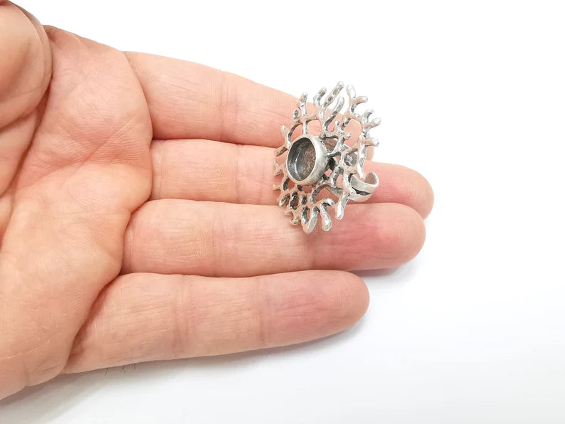 Coral Ring Setting, Cabochon Blank, Resin Bezel, Round Ring Mounting, Epoxy Frame Base, Adjustable Antique Silver Plated Brass 10mm G35288