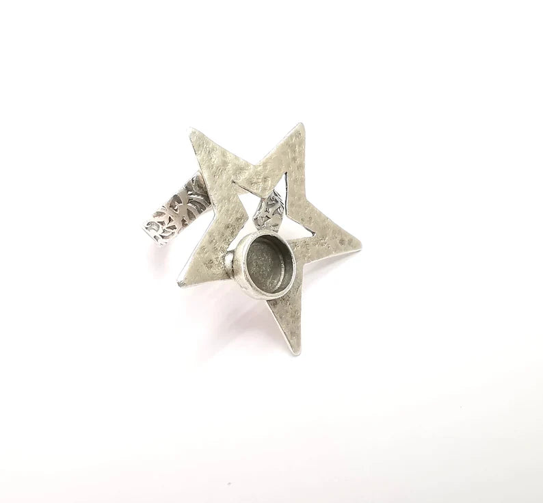 Star Ring Setting, Cabochon Blank, Resin Bezel, Round Ring Mounting, Epoxy Frame Base, Adjustable Antique Silver Plated Brass 8mm G35289