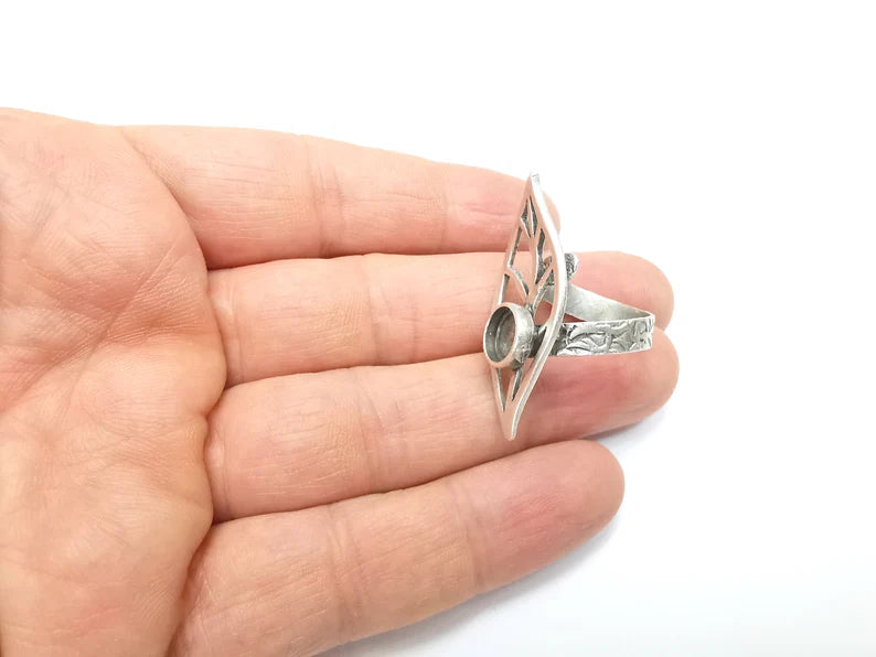 Leaf Ring Setting, Cabochon Blank, Resin Bezel, Round Ring Mounting, Epoxy Frame Base, Adjustable Antique Silver Plated Brass 8mm G35290