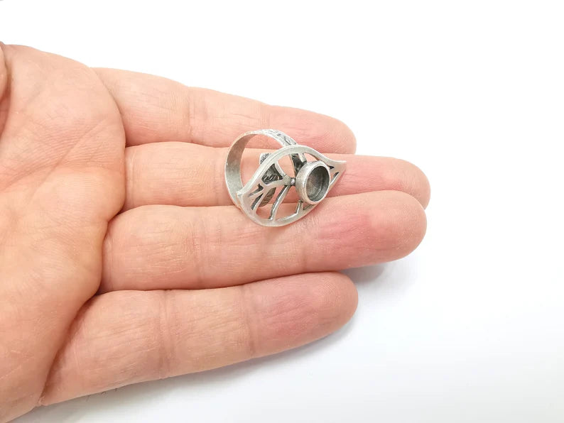 Leaf Ring Setting, Cabochon Blank, Resin Bezel, Round Ring Mounting, Epoxy Frame Base, Adjustable Antique Silver Plated Brass 8mm G35290