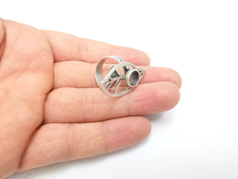 Leaf Ring Setting, Cabochon Blank, Resin Bezel, Round Ring Mounting, Epoxy Frame Base, Adjustable Antique Silver Plated Brass 8mm G35290