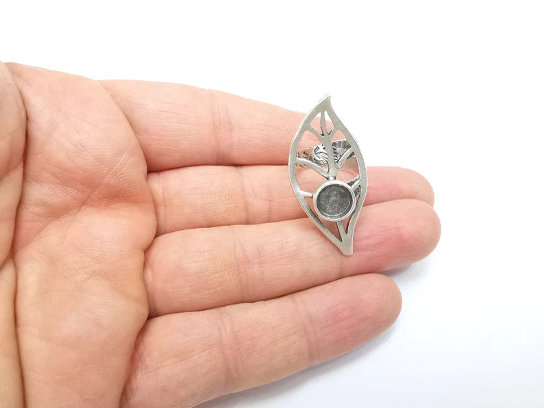 Leaf Ring Setting, Cabochon Blank, Resin Bezel, Round Ring Mounting, Epoxy Frame Base, Adjustable Antique Silver Plated Brass 8mm G35290