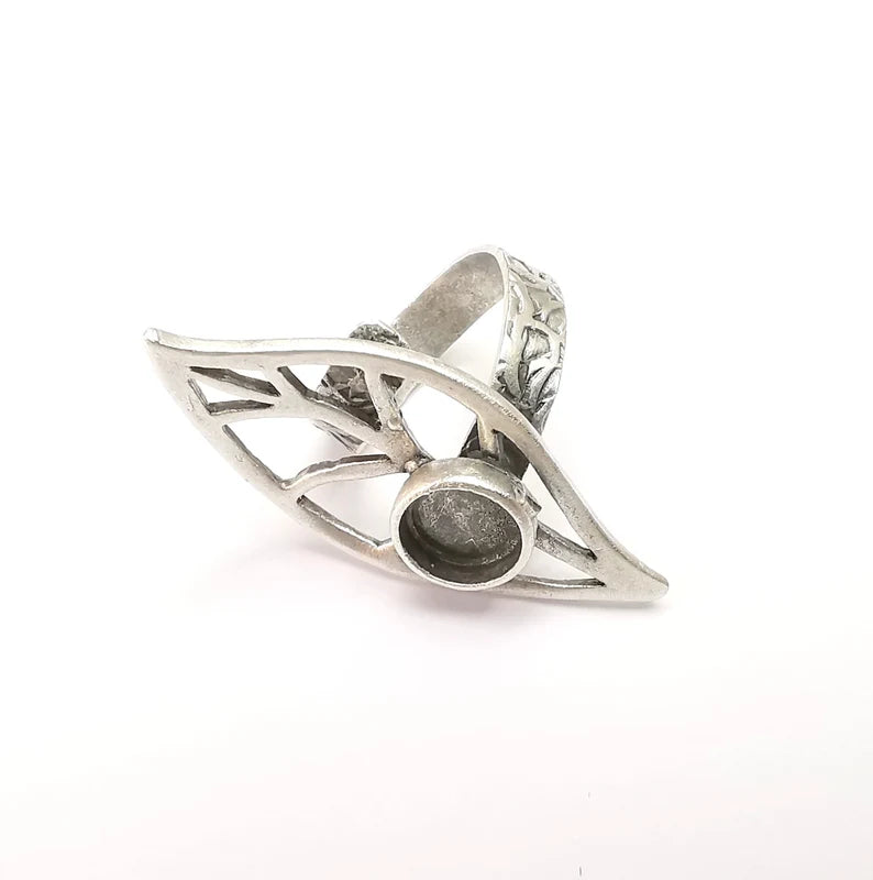 Leaf Ring Setting, Cabochon Blank, Resin Bezel, Round Ring Mounting, Epoxy Frame Base, Adjustable Antique Silver Plated Brass 8mm G35290