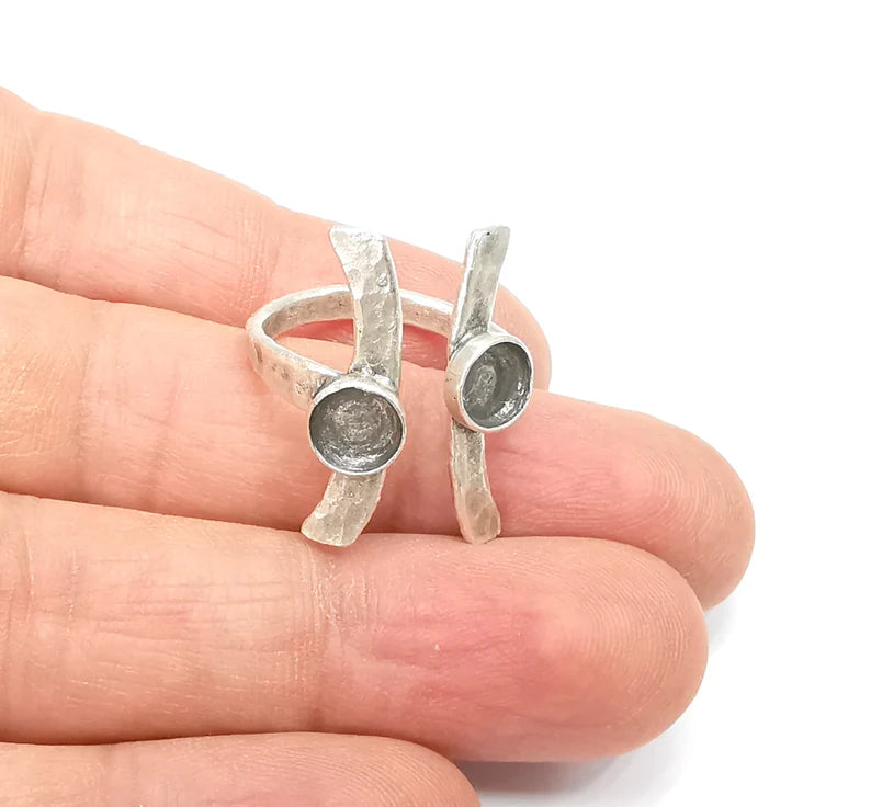 Silver Ring Setting, Cabochon Blank, Resin Bezel, Round Ring Mounting, Epoxy Frame Base, Adjustable Antique Silver Plated Brass 6mm G35293