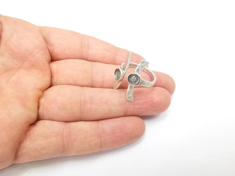 Silver Ring Setting, Cabochon Blank, Resin Bezel, Round Ring Mounting, Epoxy Frame Base, Adjustable Antique Silver Plated Brass 6mm G35293