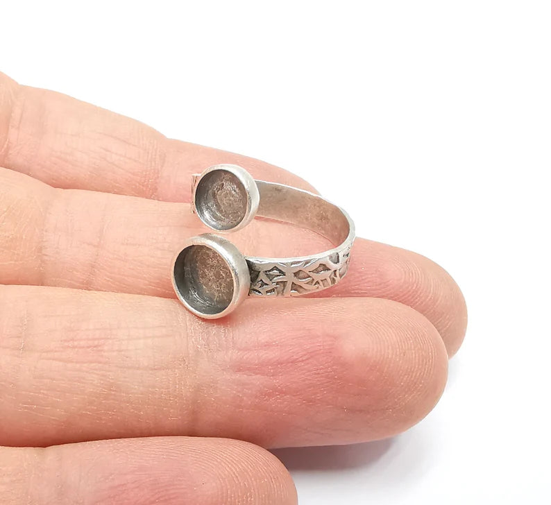 Ring Setting, Cabochon Blank, Resin Bezel, Round Ring Mounting, Epoxy Frame Base, Adjustable Antique Silver Plated Brass 6mm and 8mm G35294