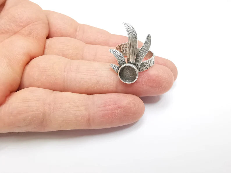 Leaf Ring Setting, Cabochon Blank, Resin Bezel, Round Ring Mounting, Epoxy Frame Base, Adjustable Antique Silver Plated Brass 8mm G35295
