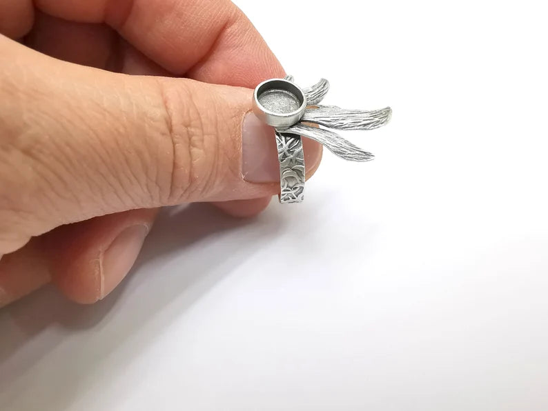 Leaf Ring Setting, Cabochon Blank, Resin Bezel, Round Ring Mounting, Epoxy Frame Base, Adjustable Antique Silver Plated Brass 8mm G35295