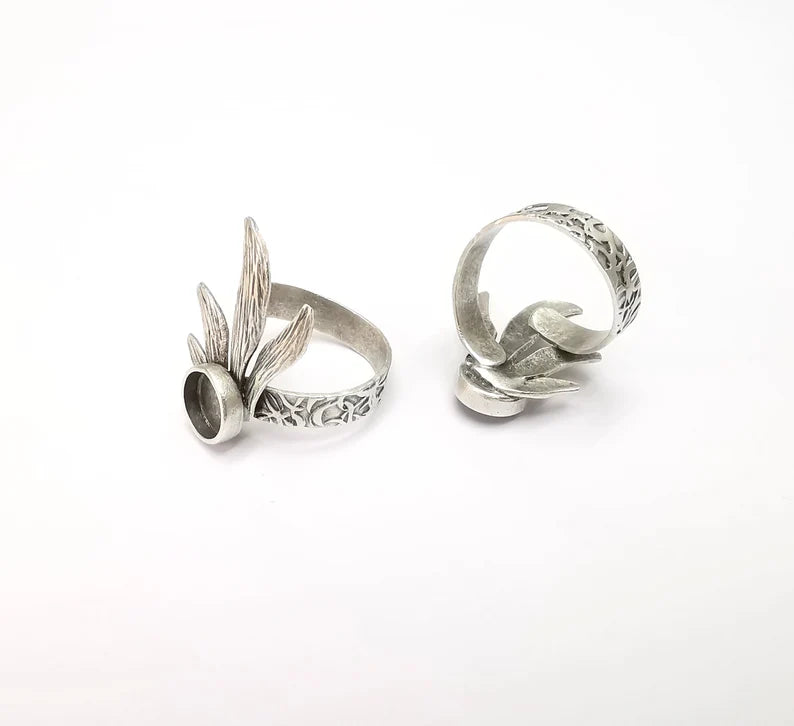 Leaf Ring Setting, Cabochon Blank, Resin Bezel, Round Ring Mounting, Epoxy Frame Base, Adjustable Antique Silver Plated Brass 8mm G35295