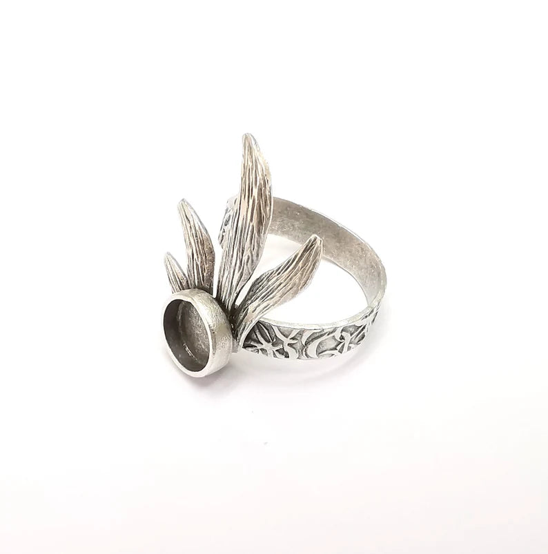 Leaf Ring Setting, Cabochon Blank, Resin Bezel, Round Ring Mounting, Epoxy Frame Base, Adjustable Antique Silver Plated Brass 8mm G35295