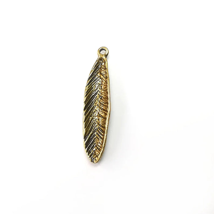 2 Feather Charms, Boho Charms, Leaf Charms, Dangle Earring Charms, Bronze Pendant, Necklace Parts, Antique Bronze Plated 40x8mm G35126