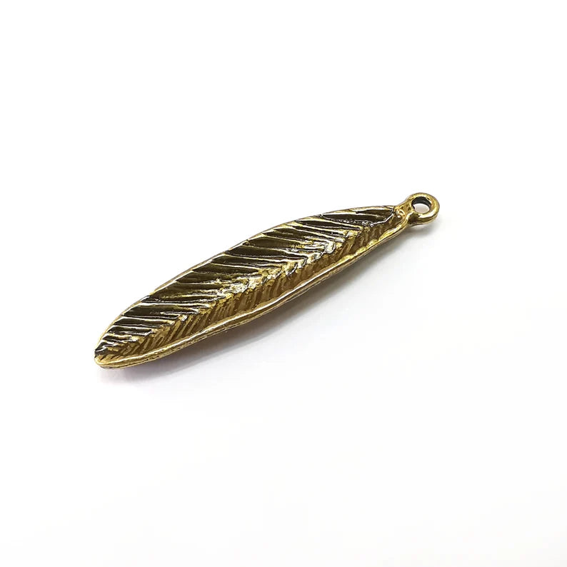 2 Feather Charms, Boho Charms, Leaf Charms, Dangle Earring Charms, Bronze Pendant, Necklace Parts, Antique Bronze Plated 40x8mm G35126