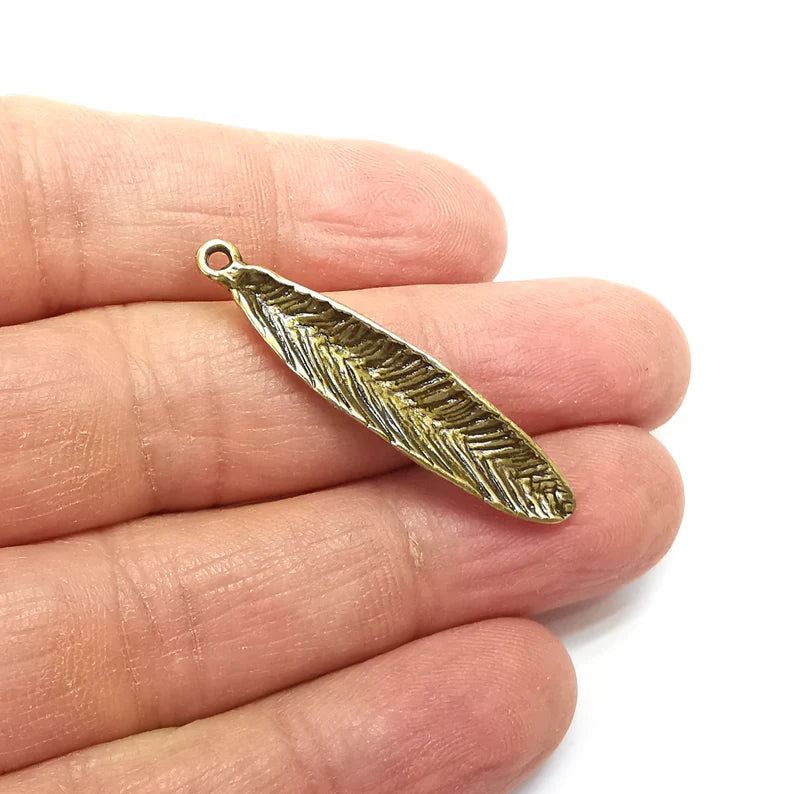 2 Feather Charms, Boho Charms, Leaf Charms, Dangle Earring Charms, Bronze Pendant, Necklace Parts, Antique Bronze Plated 40x8mm G35126