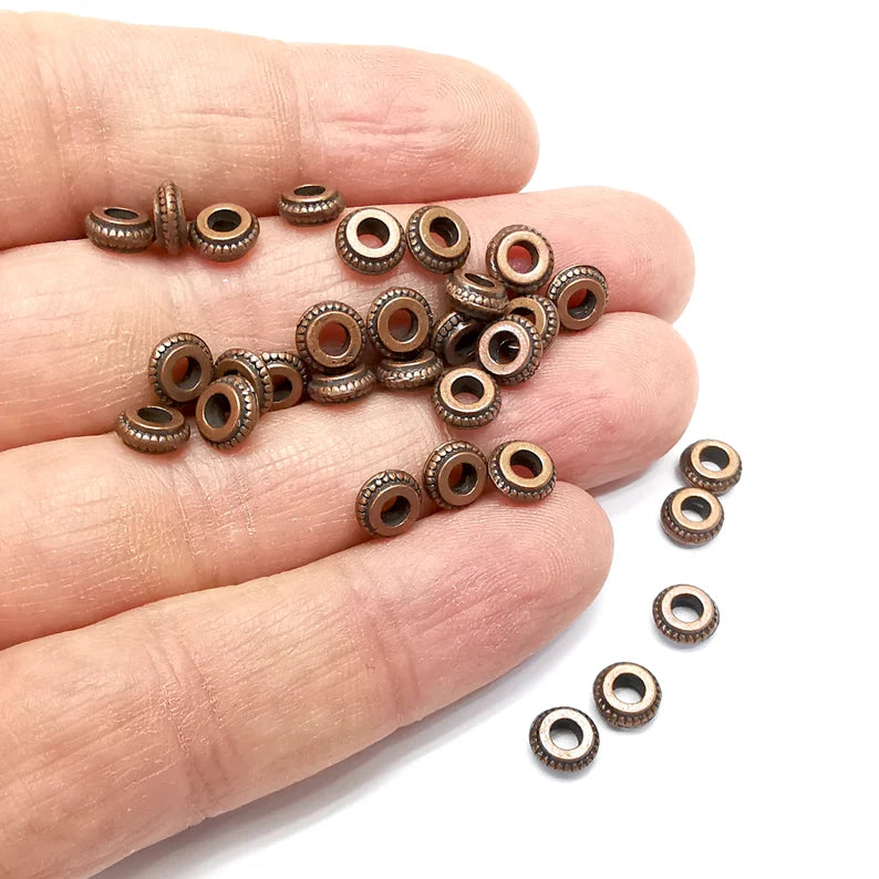 10 Rondelle Beads, Disc Copper Beads, Bracelet Beads, Necklace Beads, Antique Copper Plated Metal 7x3mm G35134