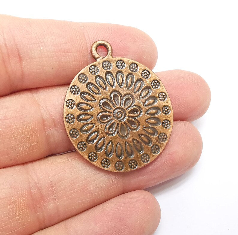 Copper Mandala Charms, Medallion Charms, Locket Pendant, Earring Charms, Boho Charms, Round Charms, Antique Copper Plated (38x32mm) G35306