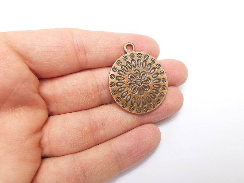 Copper Mandala Charms, Medallion Charms, Locket Pendant, Earring Charms, Boho Charms, Round Charms, Antique Copper Plated (38x32mm) G35306