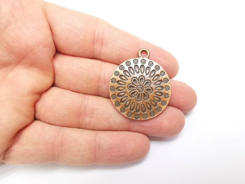 Copper Mandala Charms, Medallion Charms, Locket Pendant, Earring Charms, Boho Charms, Round Charms, Antique Copper Plated (38x32mm) G35306
